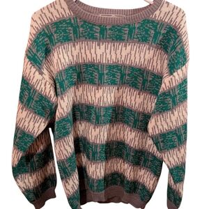 Vintage Avocado Green and Cream Striped Sweater